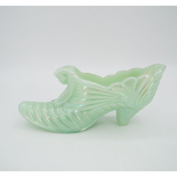 Vintage Fenton Iridescent Jadeite Glass Shoe Cat Head Handmade in USA - Picture 5 of 12